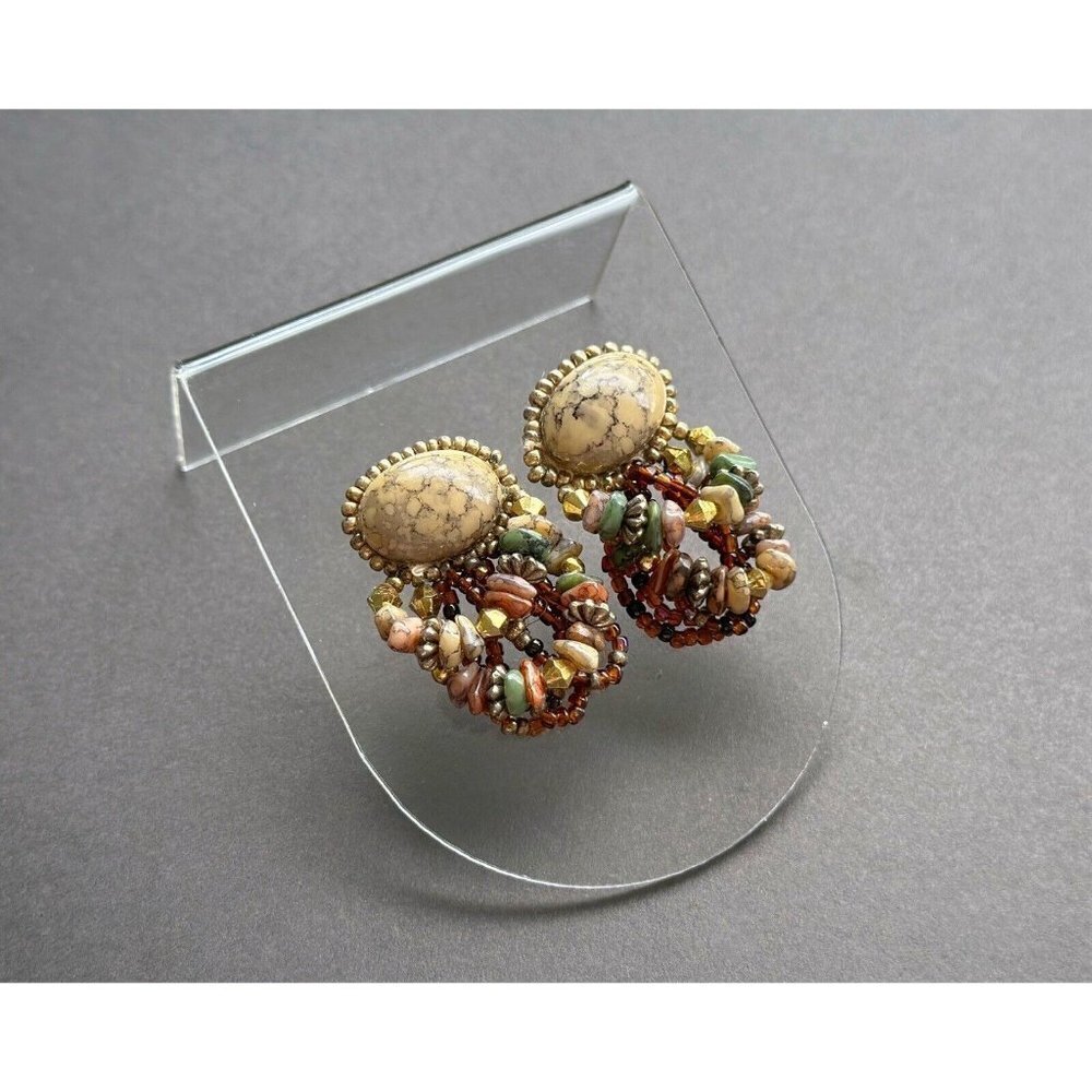 Earth Tone Button Dangling Hoop Earrings of Stone Chips and Seed Beads